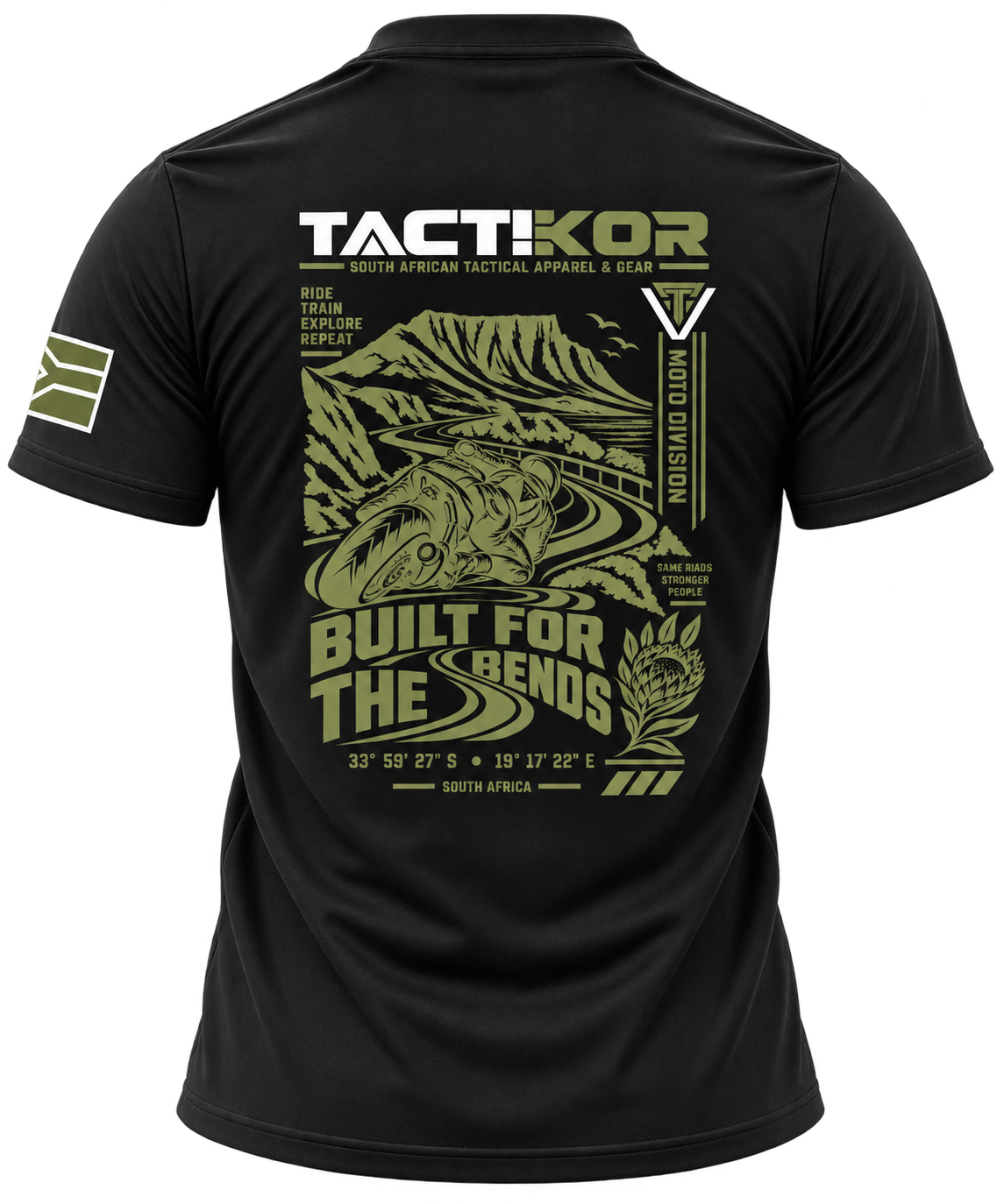 TactiKor 200G Moto Division T-Shirt black back view with Built for the Bends road-riding artwork