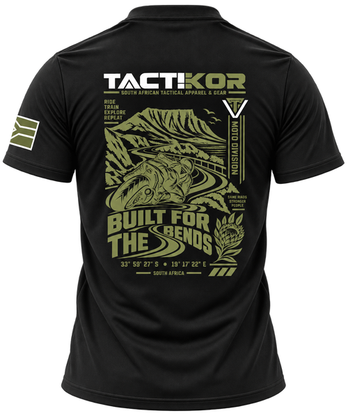 TactiKor 200G Moto Division T-Shirt black back view with Built for the Bends road-riding artwork