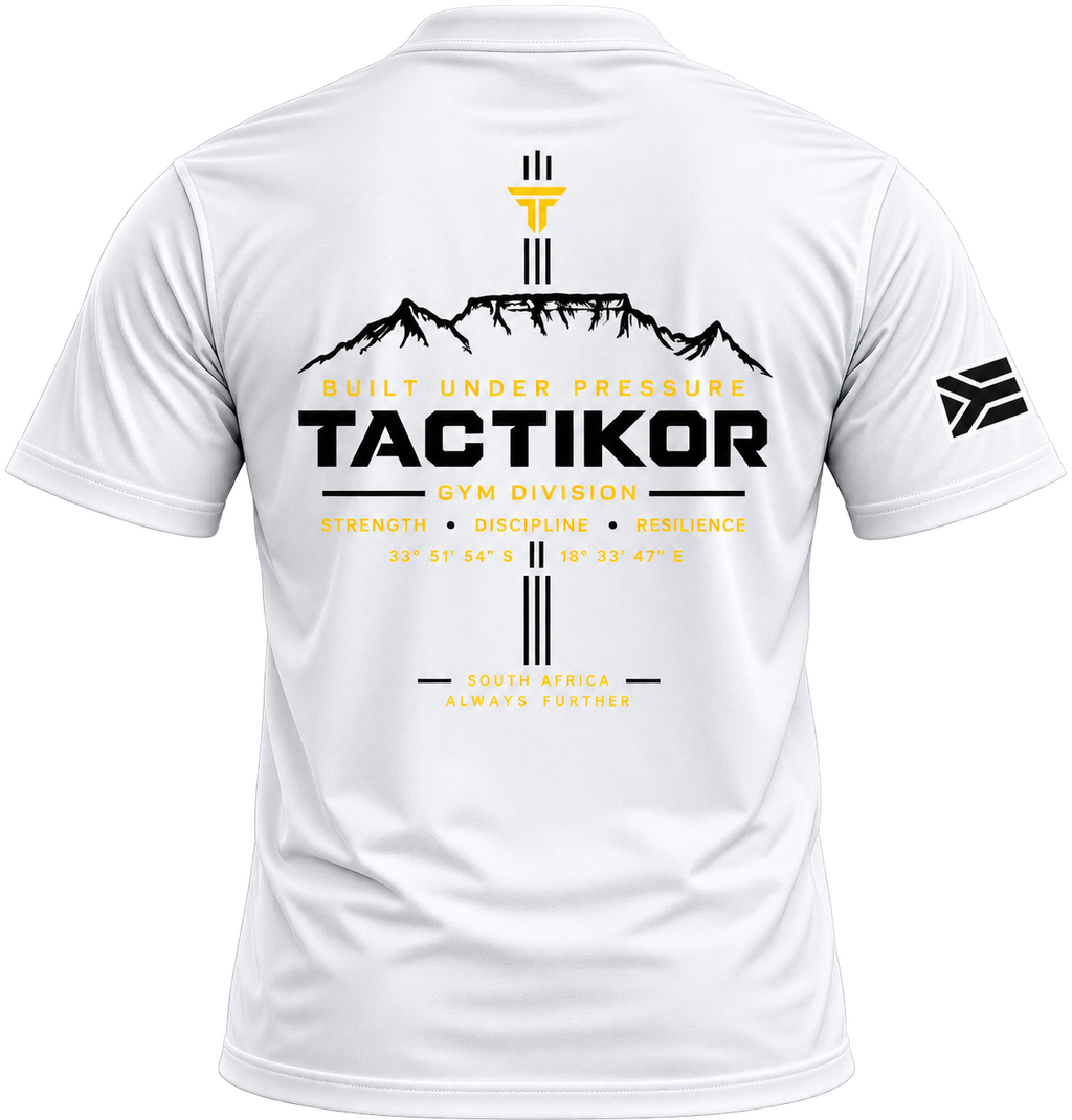 TactiKor Gym Division white performance shirt back view with Built Under Pressure design
