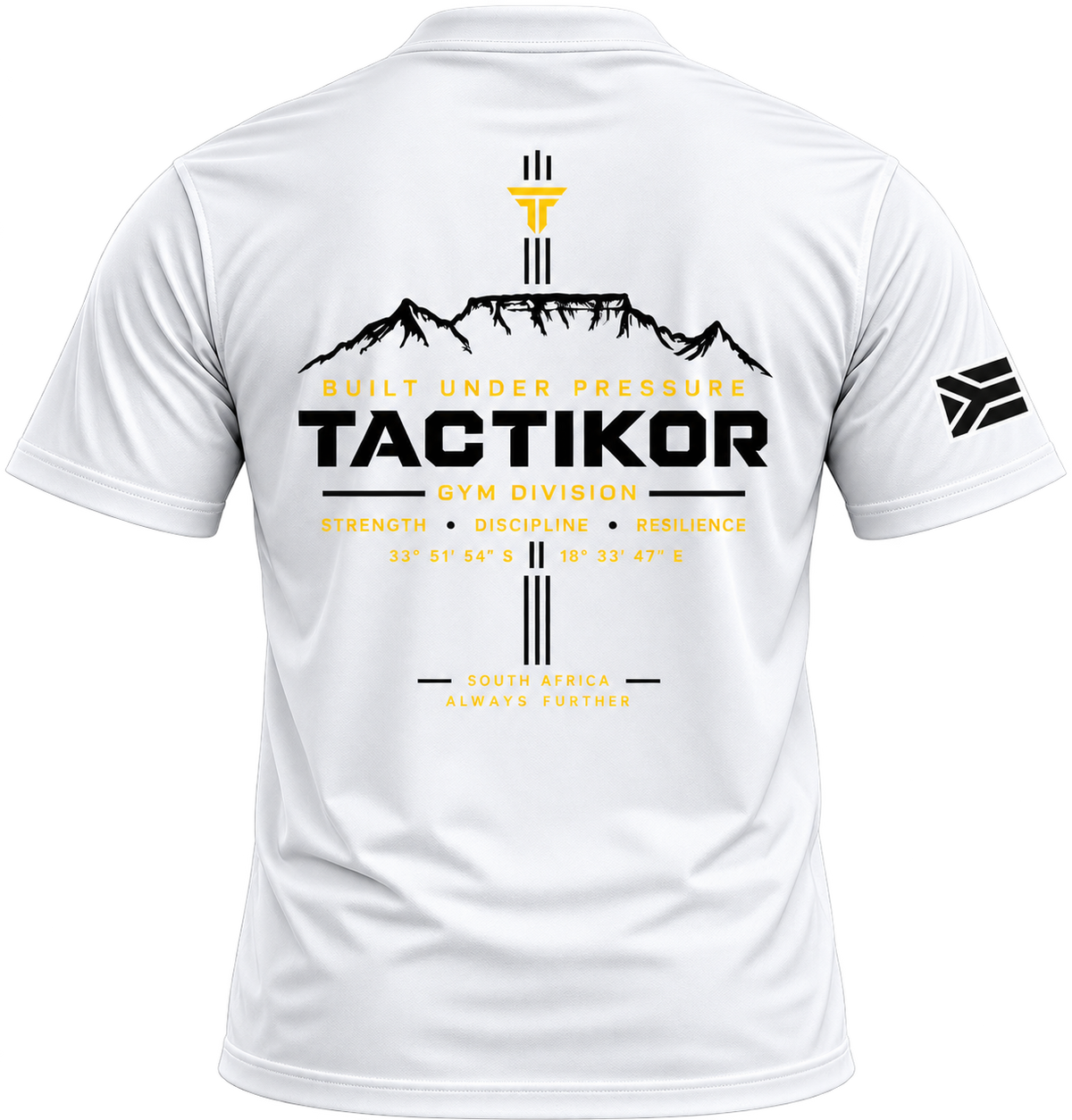 TactiKor Gym Division white performance shirt back view with Built Under Pressure design