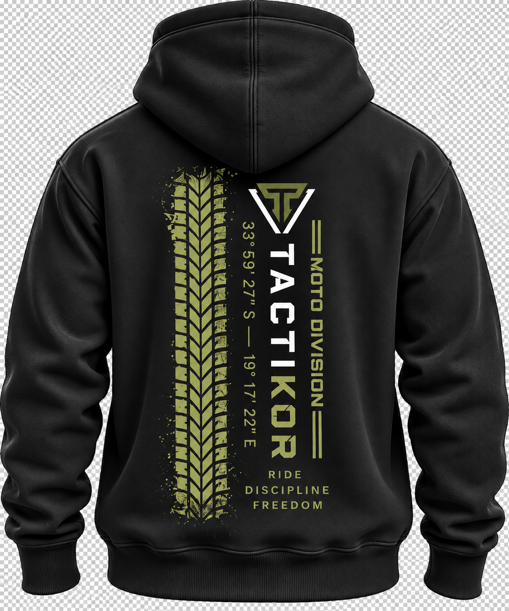 TactiKor Moto Division black hoodie back view with tyre-track graphic and coordinates