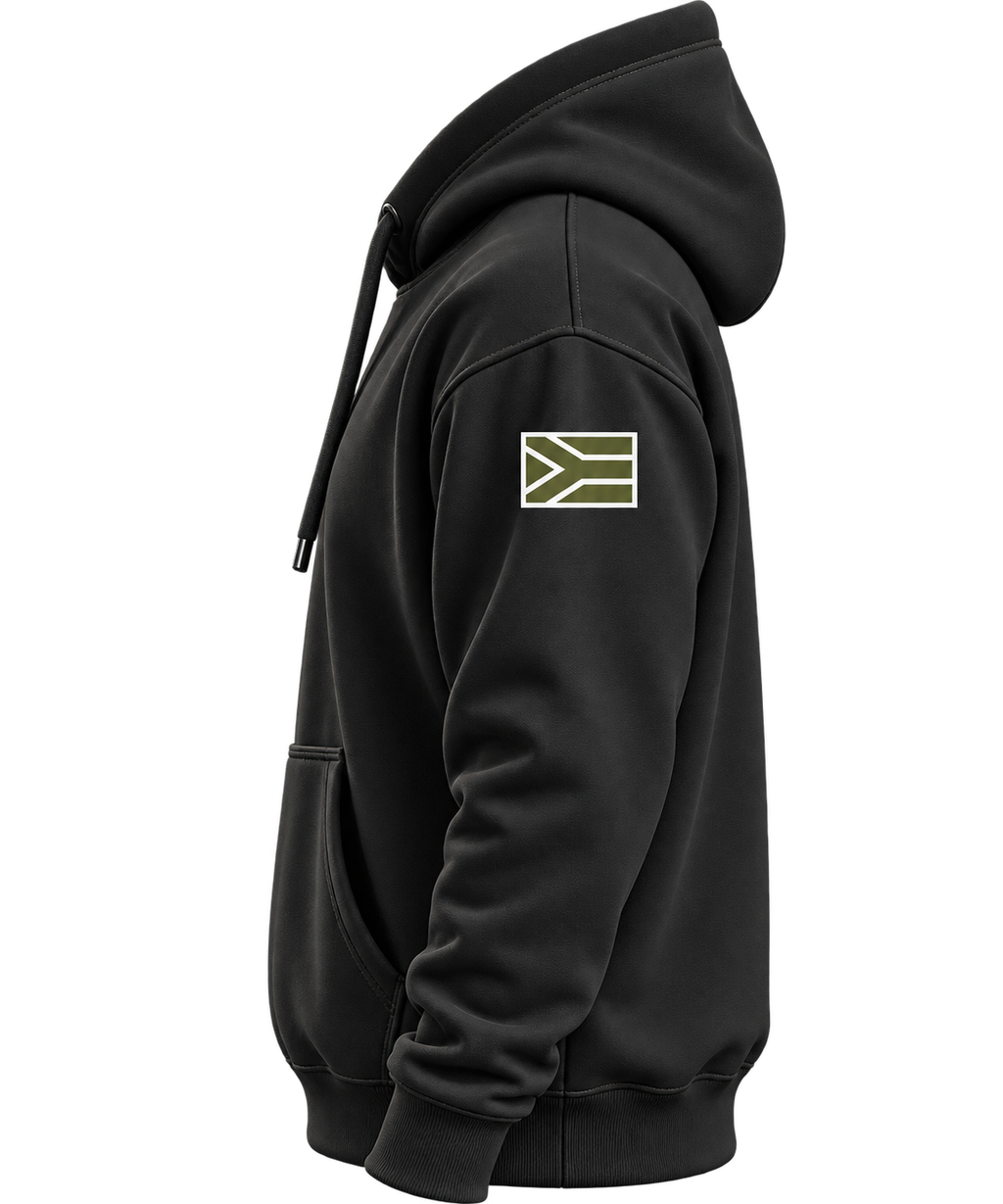 TactiKor Moto Division black hoodie side view with TactiKor sleeve logo