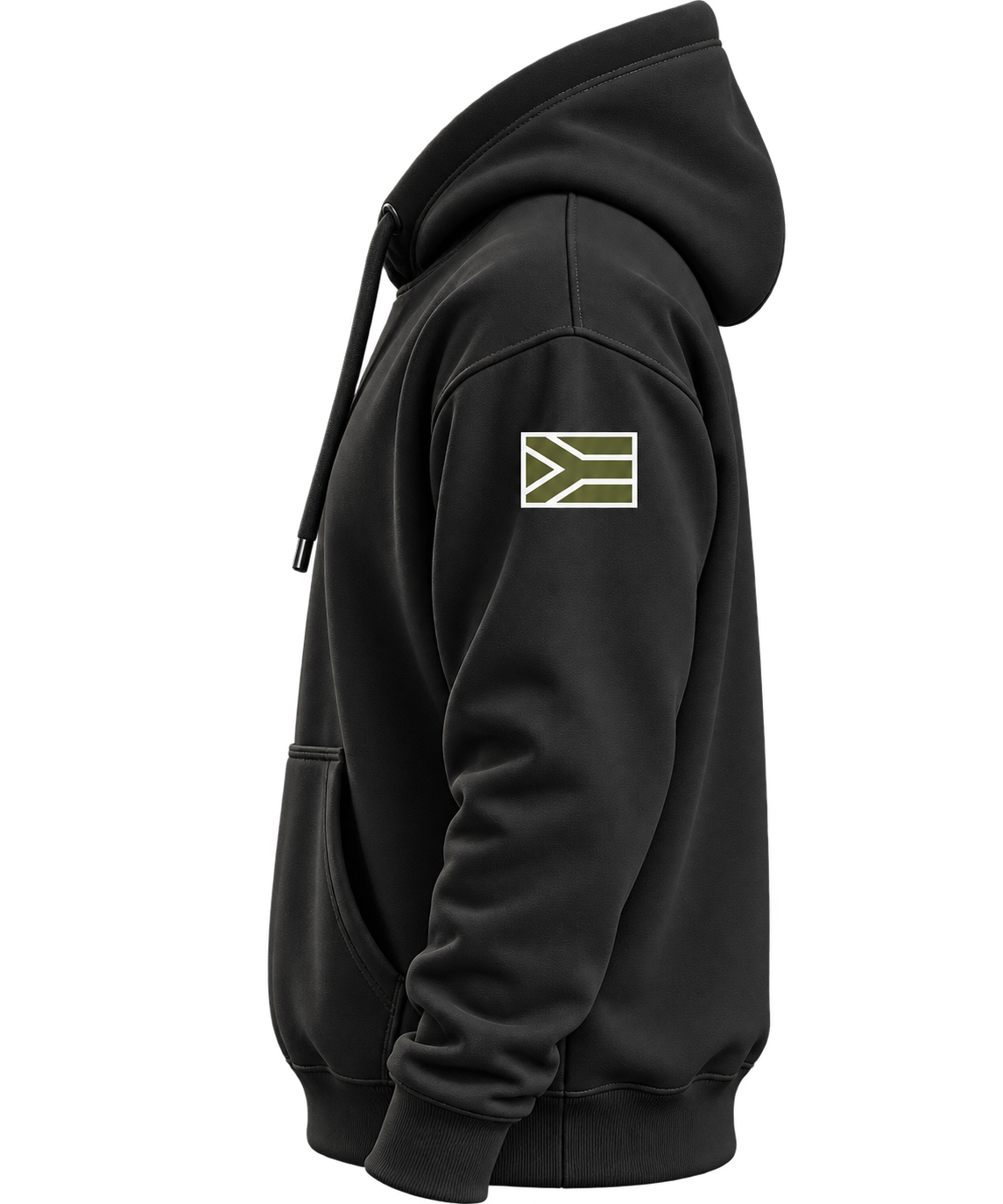 TactiKor Moto Division black hoodie side view with TactiKor sleeve logo